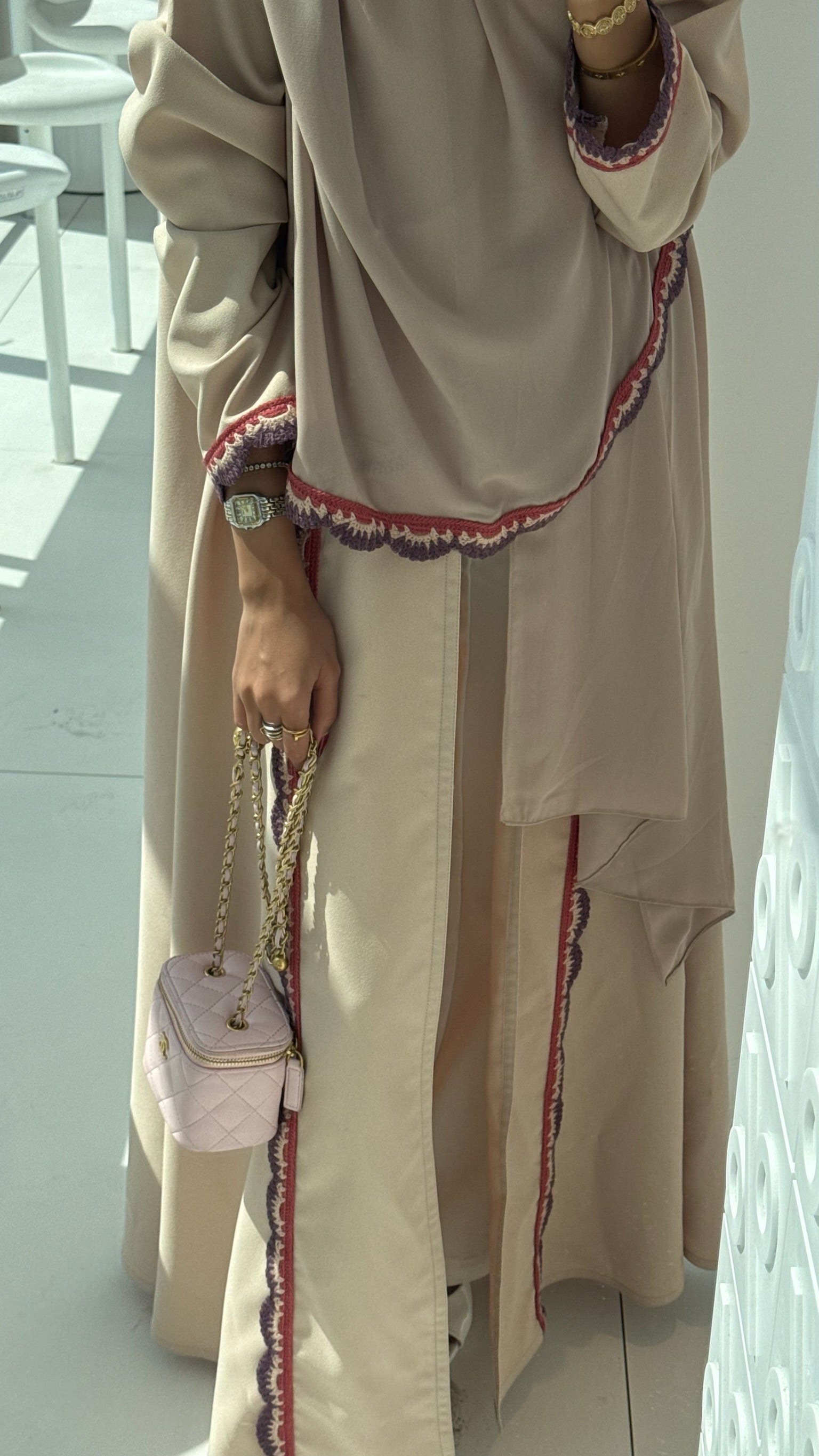 FAB325- Beige Pink Crochet Crepe A-Cut Abaya with matching headscarf