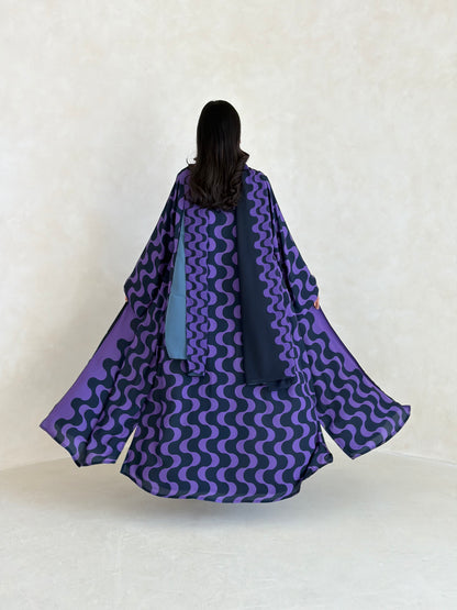 FAB345- Purple Blue Waves Printed Straight-Cut Abaya and matching headscarf
