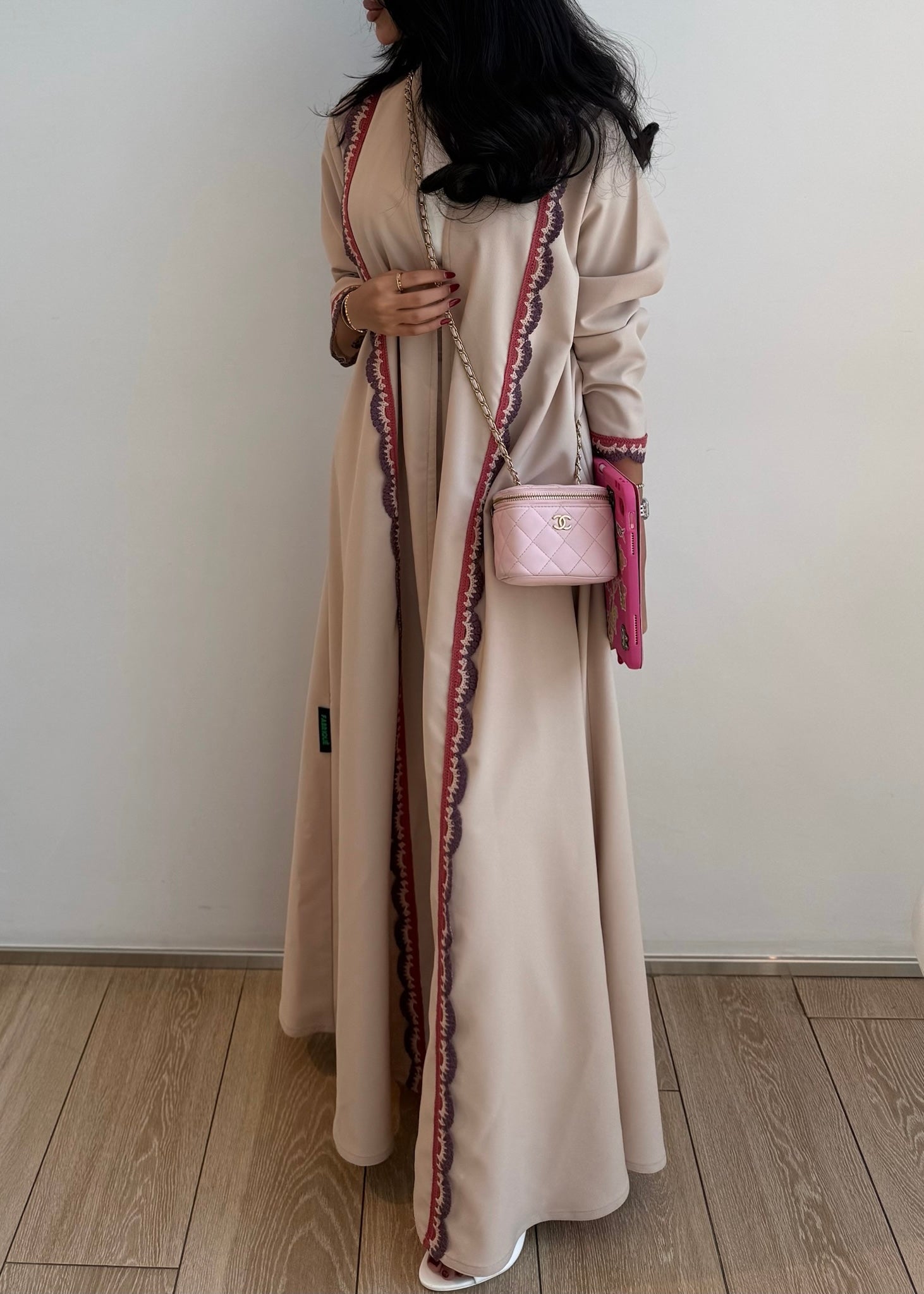 FAB325- Beige Pink Crochet Crepe A-Cut Abaya with matching headscarf