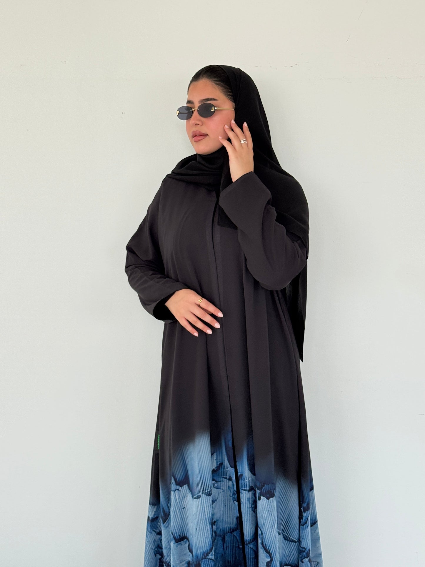 FAB211- Blue Ombre Waves print Shiffon A-cut Abaya with headscarf