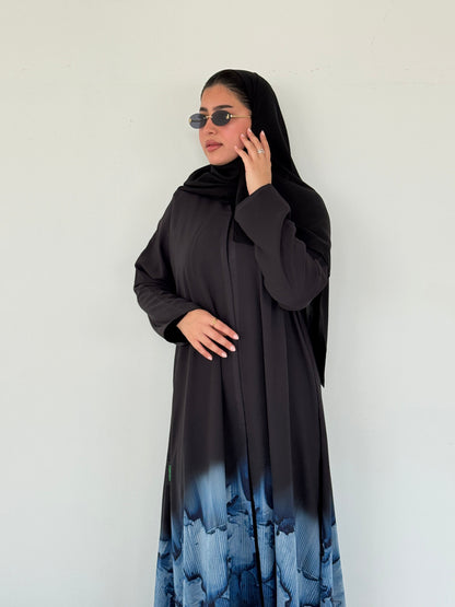 FAB211- Blue Ombre Waves print Shiffon A-cut Abaya with headscarf