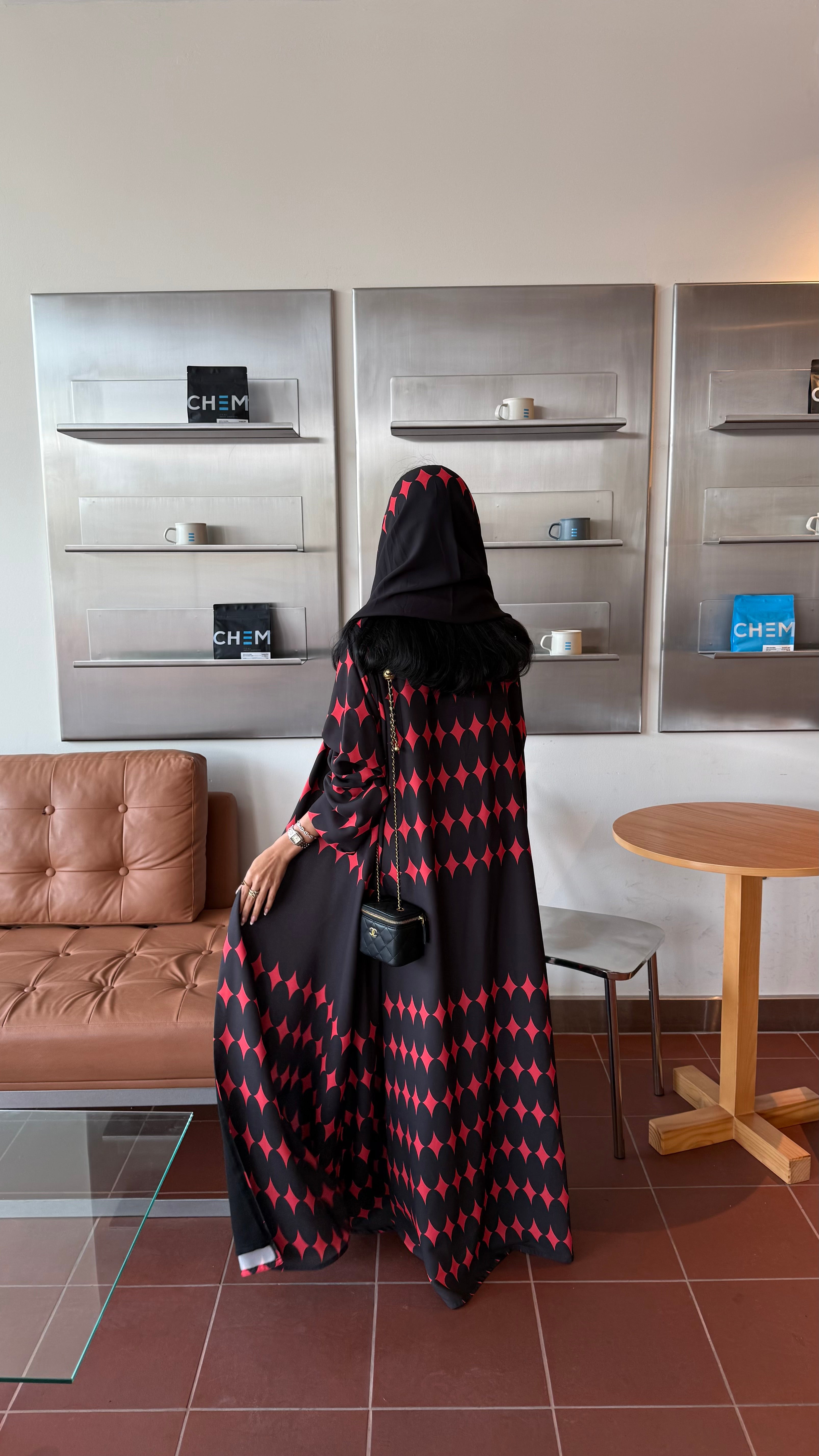 FAB335-Red & Black Diamond Print Straight-Cut Abaya with Matching Headscarf