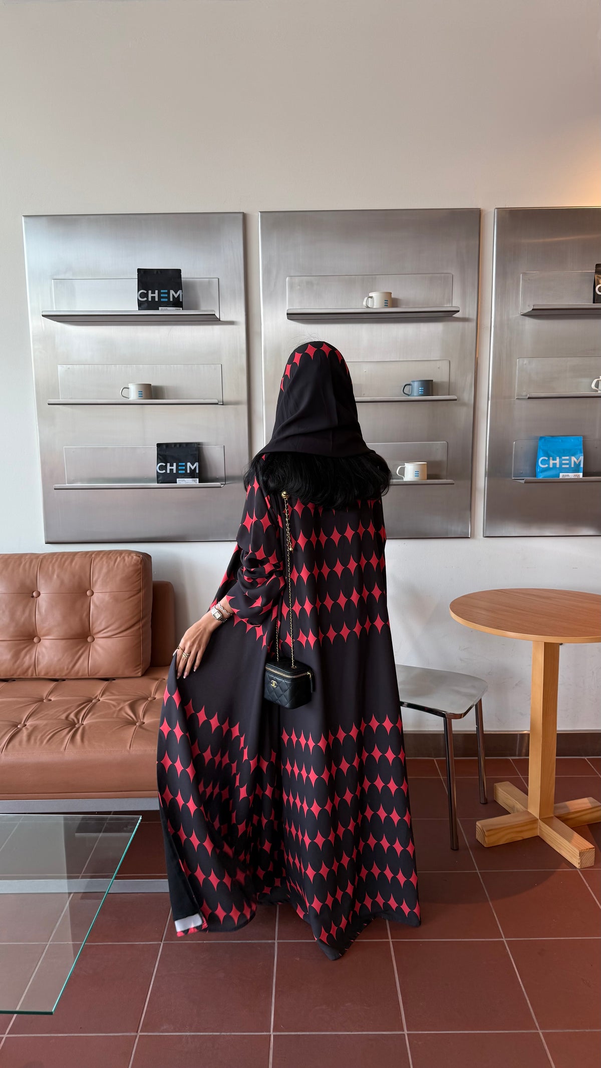 FAB335-Red & Black Diamond Print Straight-Cut Abaya with Matching Headscarf