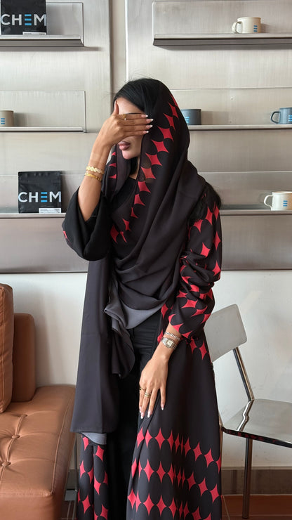 FAB335-Red & Black Diamond Print Straight-Cut Abaya with Matching Headscarf
