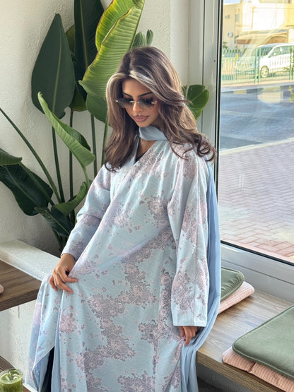 FAB299- Pink and Blue Lace and Linen Summer A-Cut Abaya
