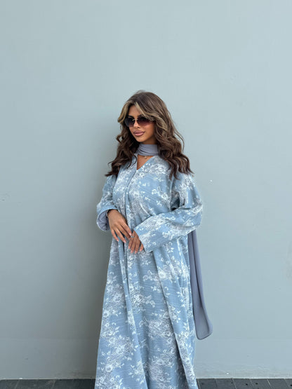 FAB301- White and Blue Lace and Linen Summer A-Cut Abaya