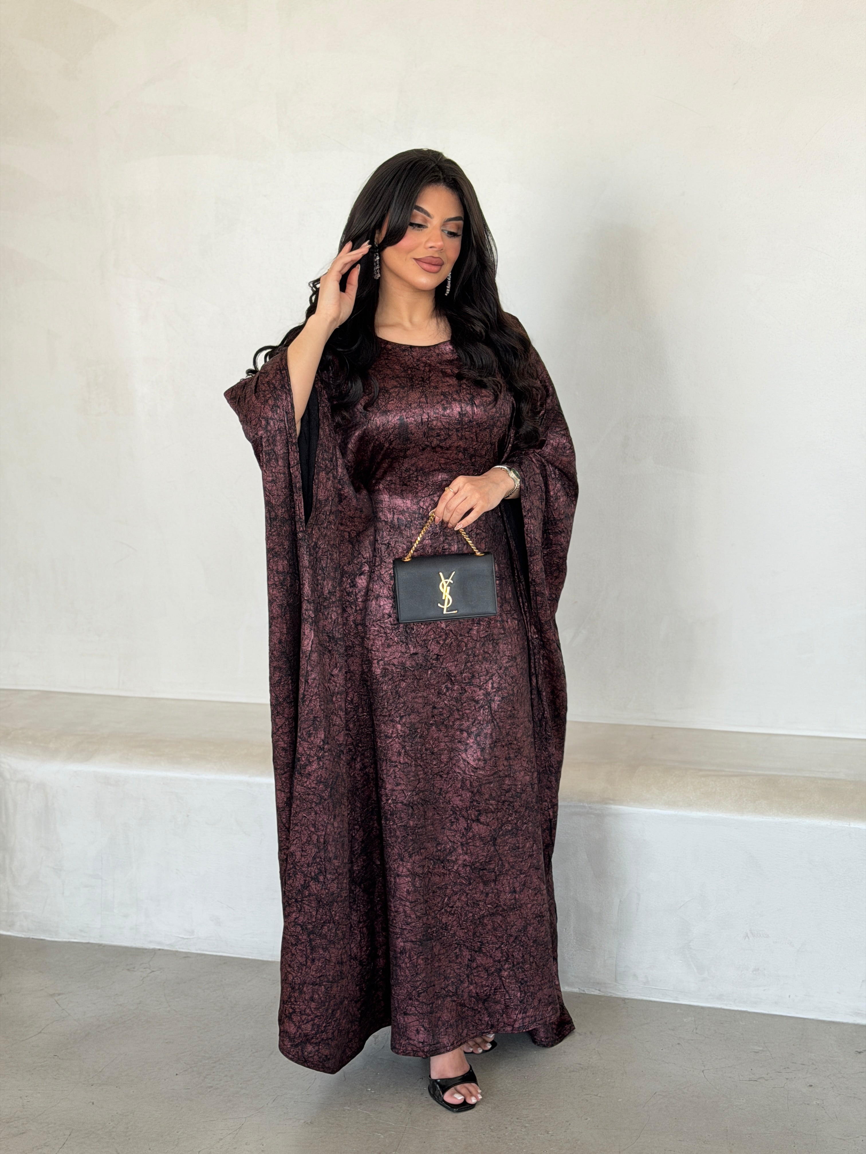 FAB290-Maroon Metallic Cotton Stretch Free size Dress with inner belt