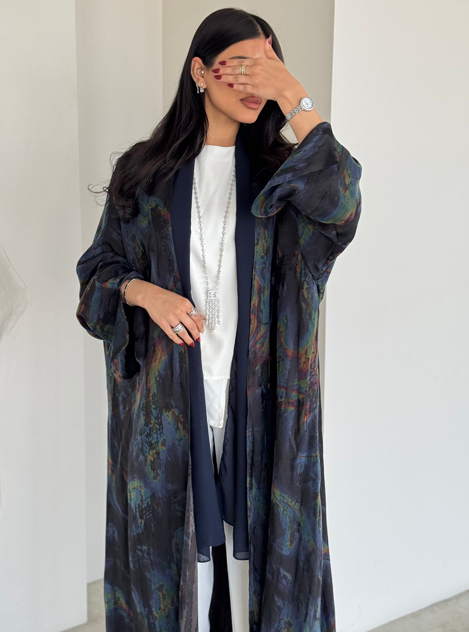 FAB155-Rainbow Marble Jacquard A-Cut Abaya