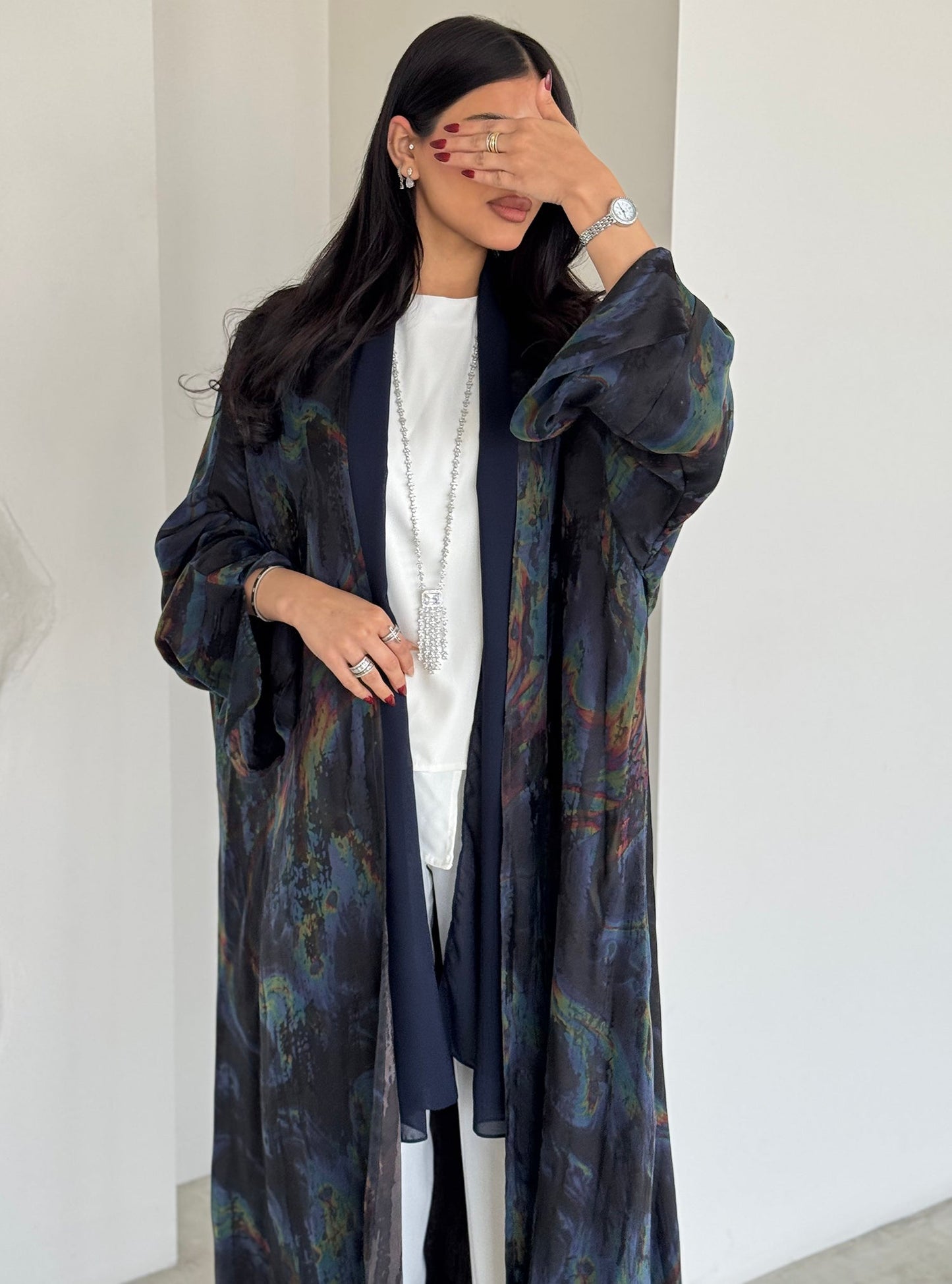 FAB155-Rainbow Marble Jacquard A-Cut Abaya