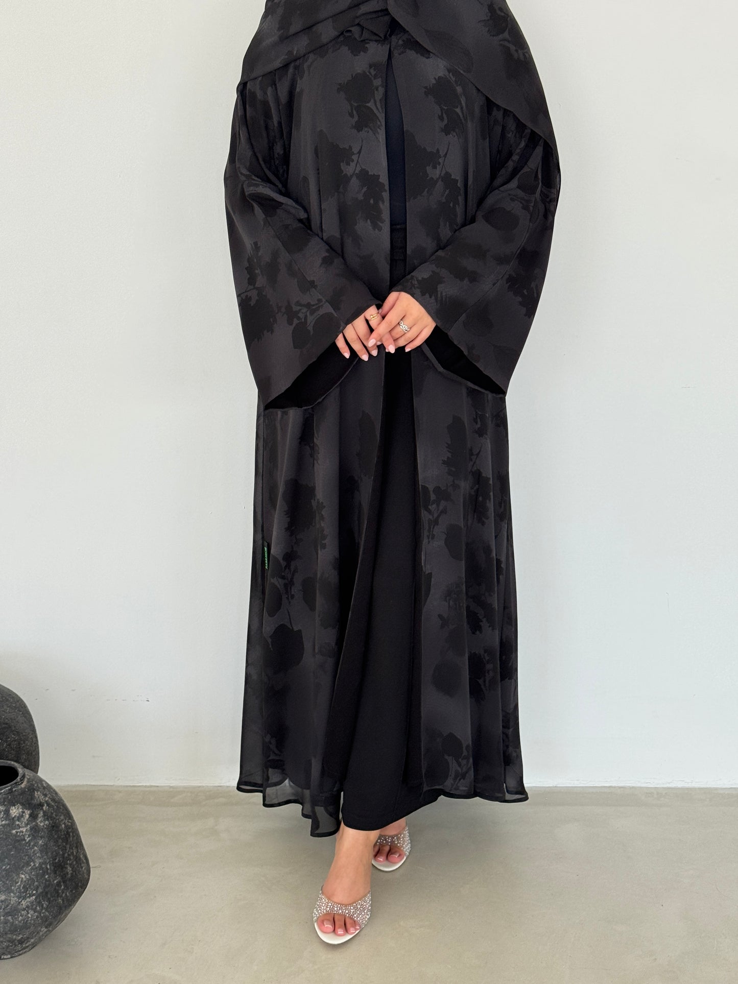 FAB214- Black Grey Printed A-Cut Shiffon Abaya Set