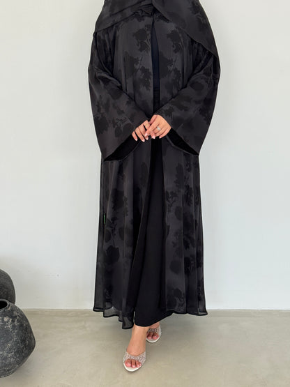 FAB214- Black Grey Printed A-Cut Shiffon Abaya Set
