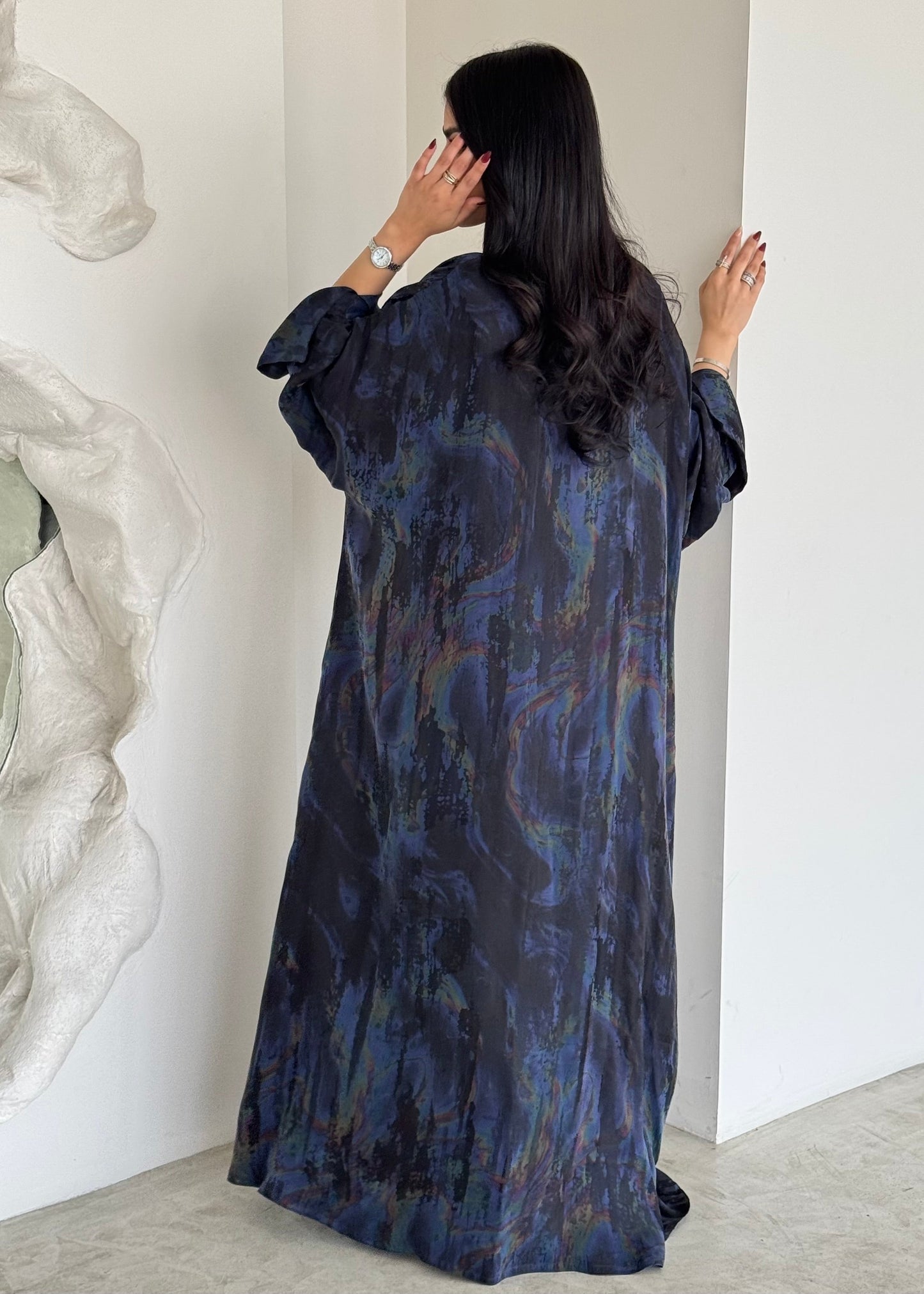 FAB156- Blue Swirl Marble Jacquard A-Cut Abaya