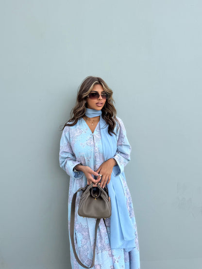 FAB299- Pink and Blue Lace and Linen Summer A-Cut Abaya
