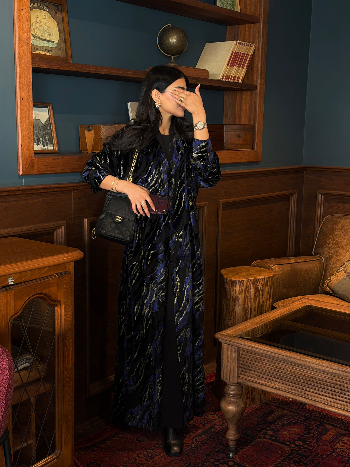 FAB352-Blue and Black Chiffon Half Bisht-Cut Abaya with Velvet Shimmer Print and Black Headscarf