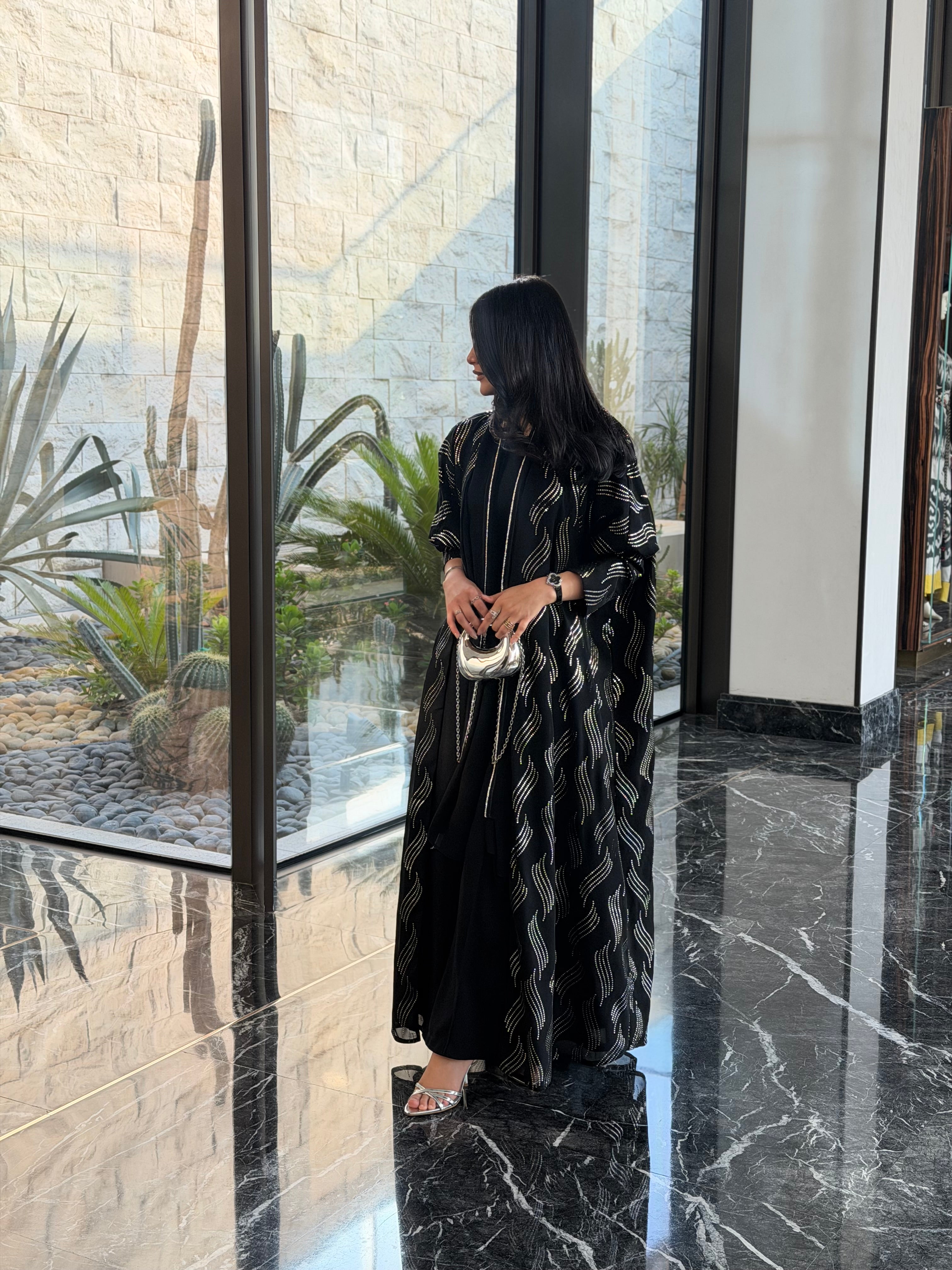 FAB339 – Elegant Black Chiffon Abaya with Silver Naqda Embroidery, Half-Bisht Cut & Matching Headscarf