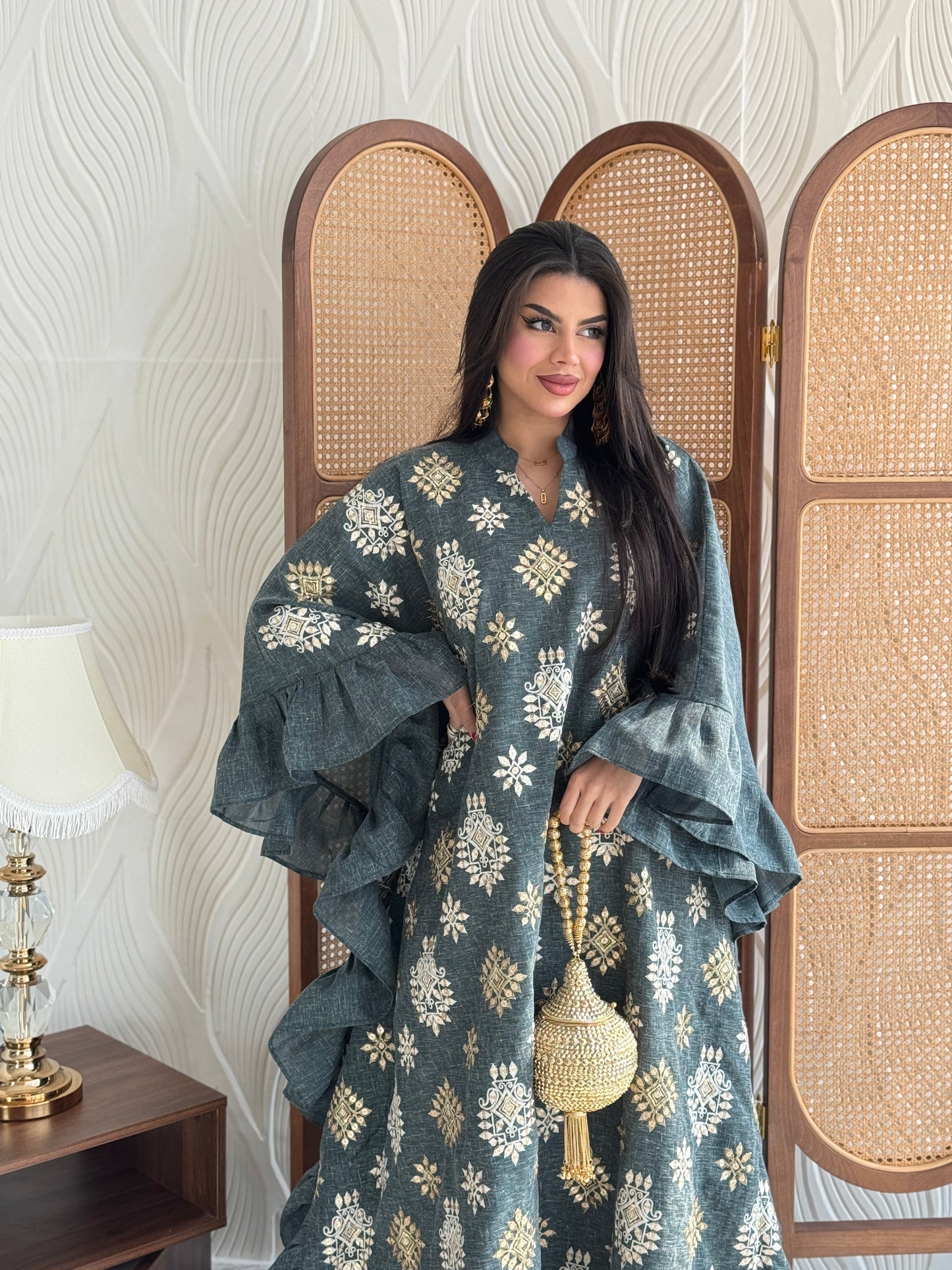 FAB272-Green Linen Embroidered Butterfly-Cut Jalabiya with Ruffled Sleeves