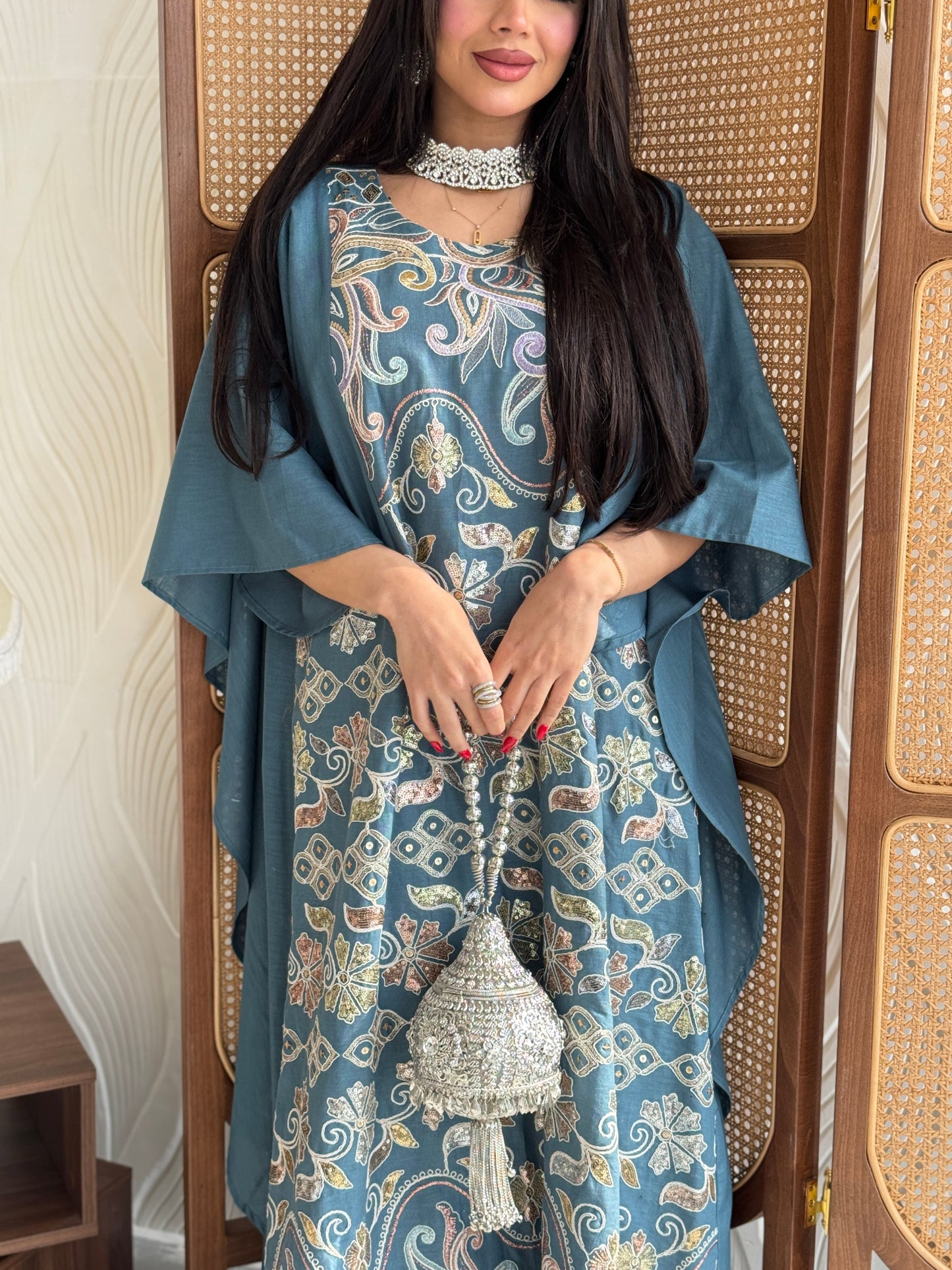 FAB267- Teal Blue Elegant linen jalabiya with multicolor embroidery and a flowing cape cut