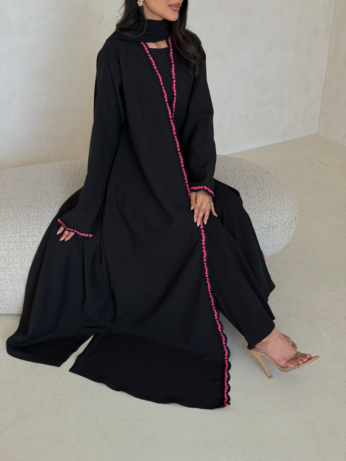 FAB346- Pink Crochet Black Crepe Klosh-Cut Abaya with Headscarf