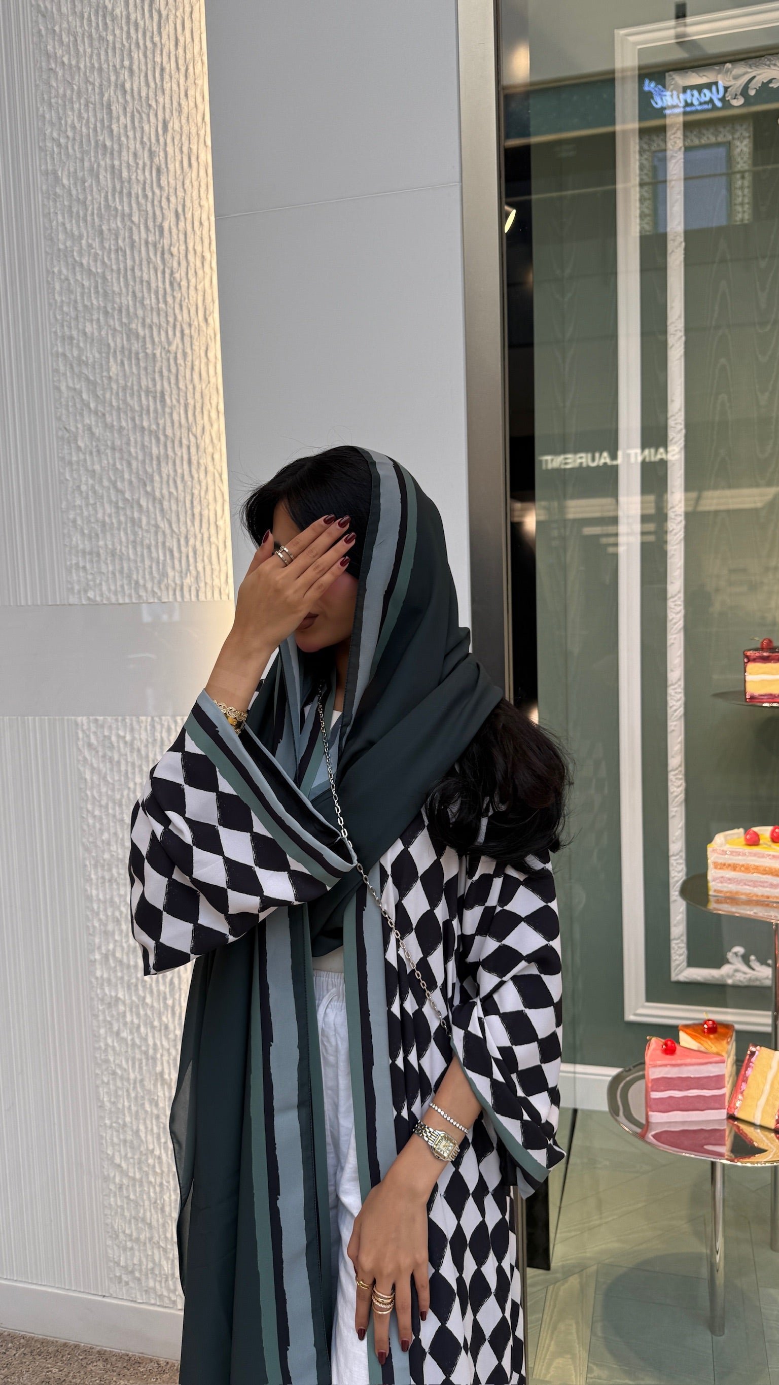 FAB305- Green & Black Checkered Print A-Cut Chiffon Silk Abaya