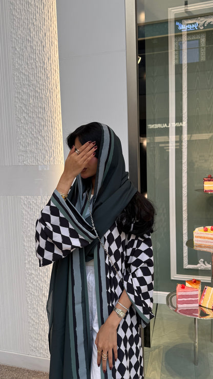 FAB305- Green & Black Checkered Print A-Cut Chiffon Silk Abaya