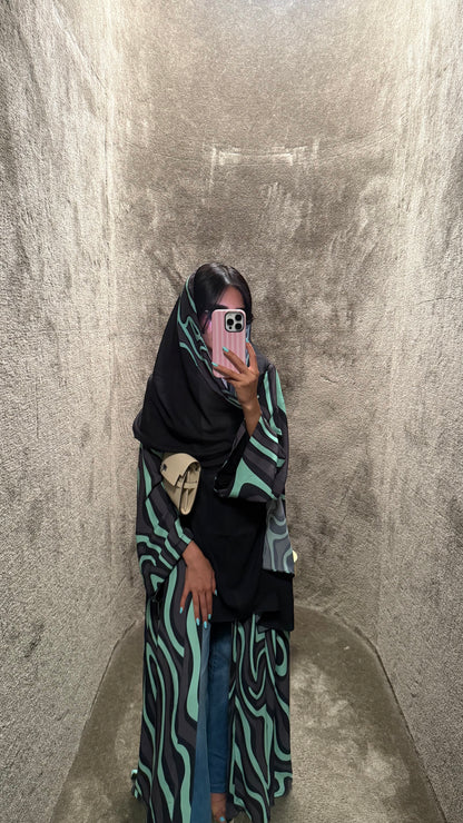 FAB323-Tiffany & Black Printed Abaya and Headscarf – Straight Cut
