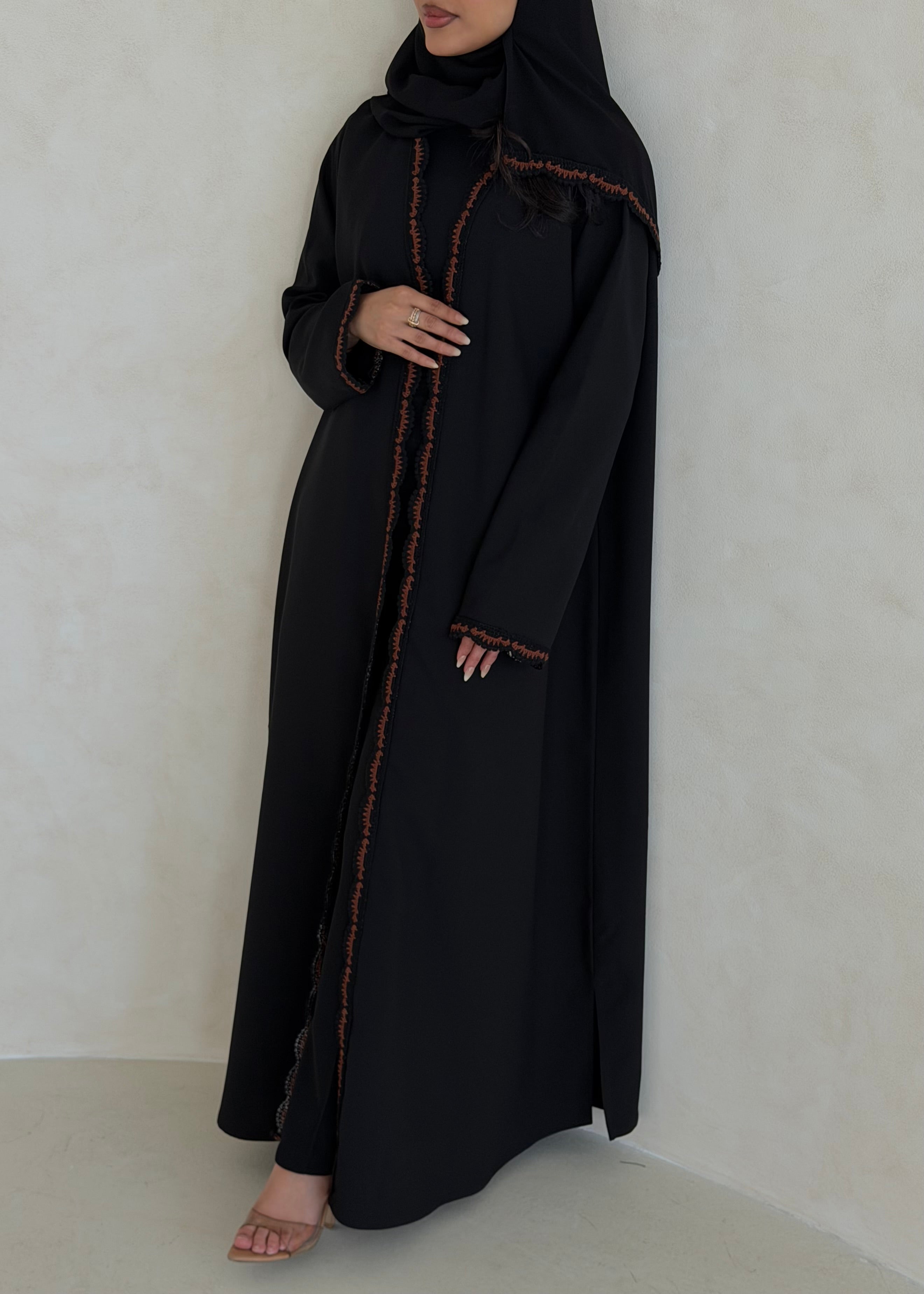 FAB349- Brown Crochet Black Crepe Klosh-Cut Abaya with Headscarf