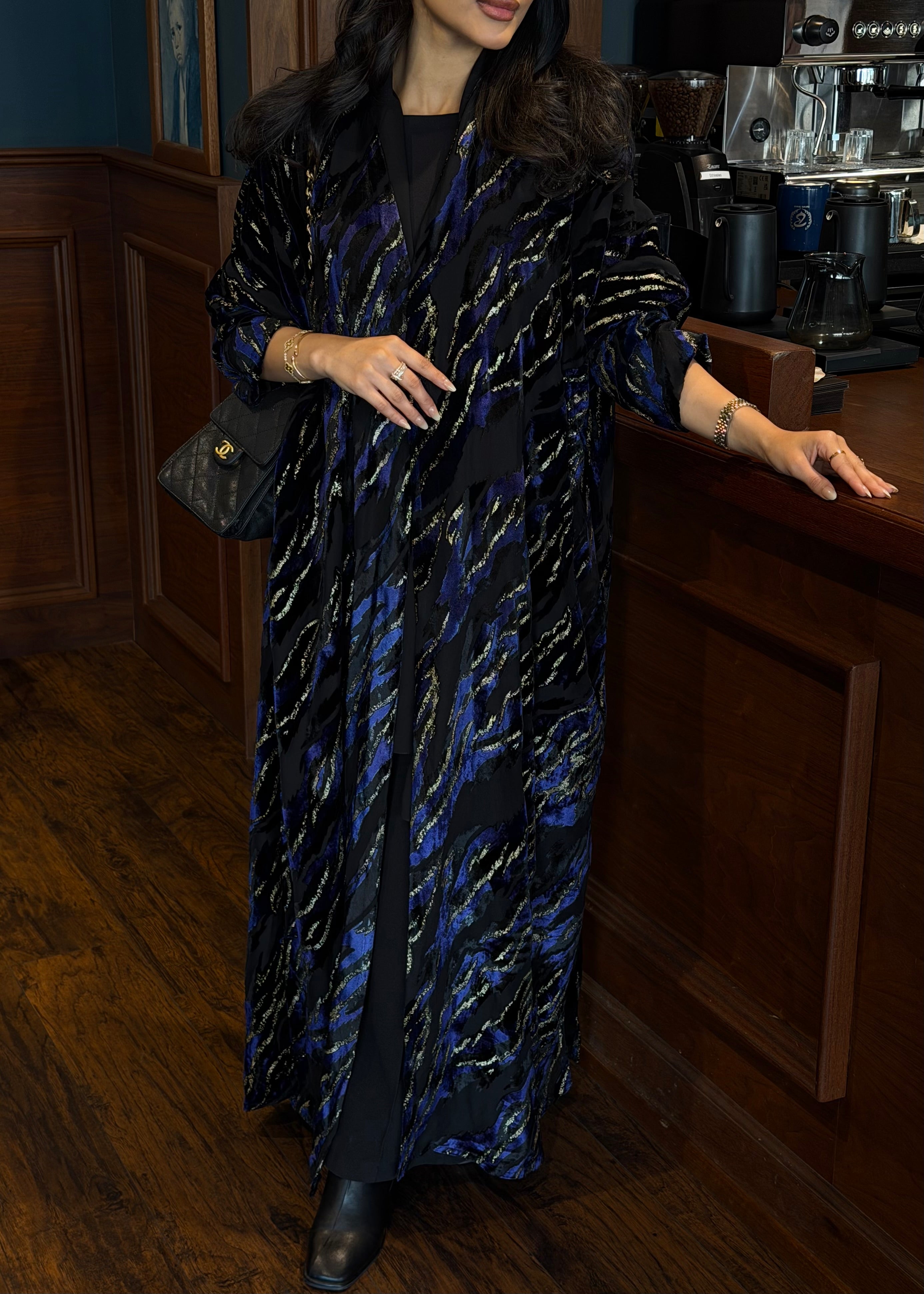 FAB352-Blue and Black Chiffon Half Bisht-Cut Abaya with Velvet Shimmer Print and Black Headscarf