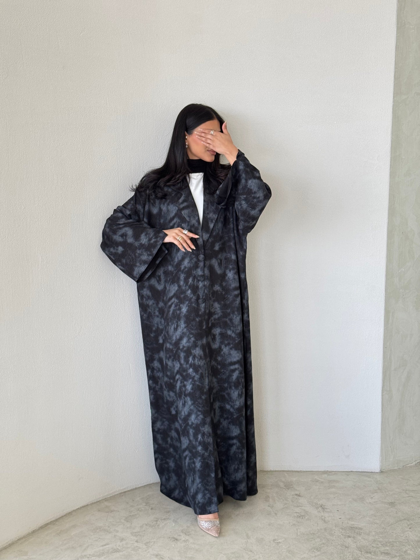 FAB178- Black Silver Tie-dye Blazer Cut Abaya