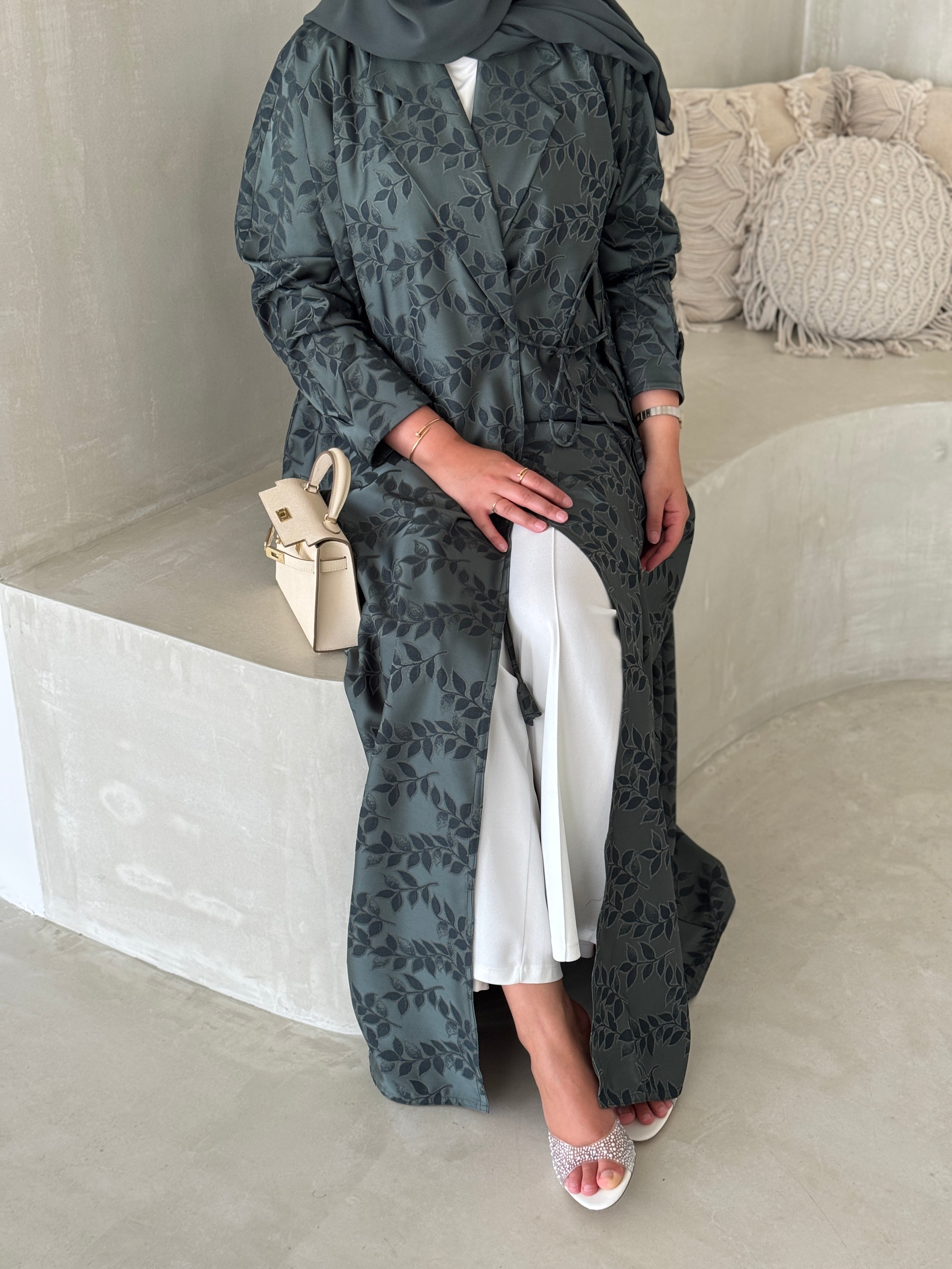 FAB195- Pistachio Green Collar Blazer Cut Abaya with headscarf