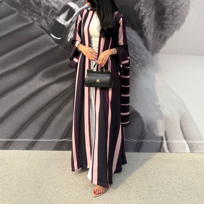 FAB304- Black/Maroon Striped Print Chiffon Silk A-Cut Abaya Set
