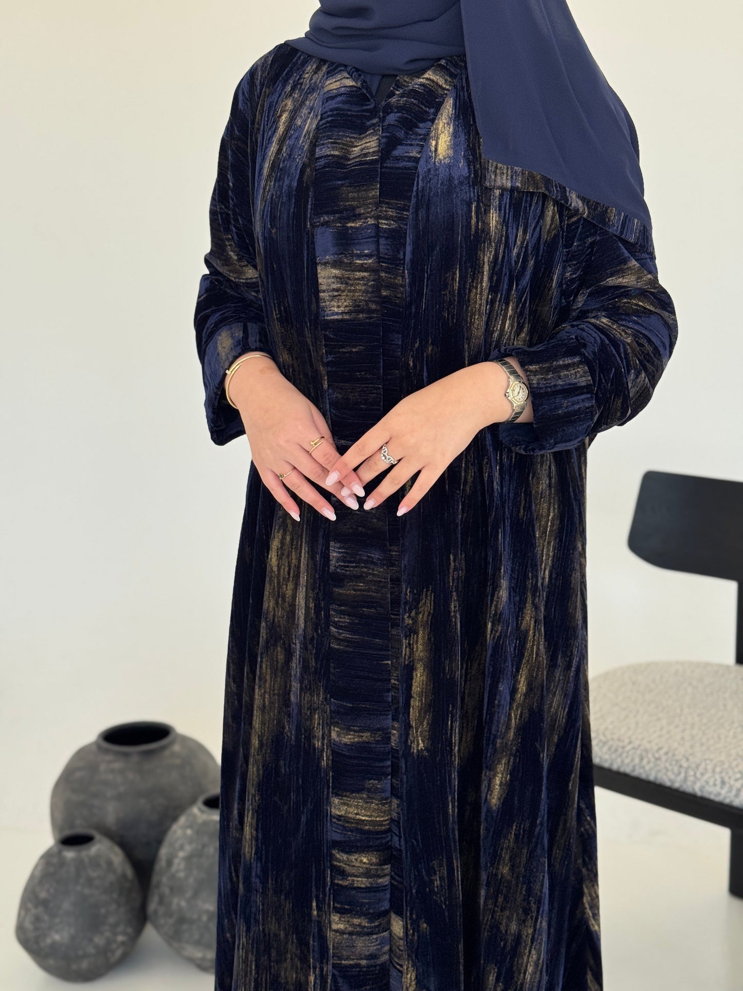 FAB235- Blue & Gold Marble Velvet A-Cut Abaya