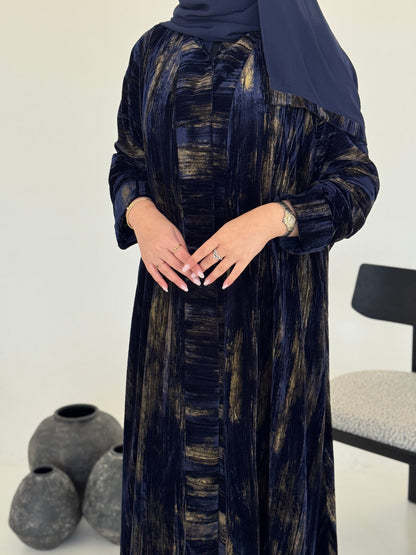 FAB235- Blue & Gold Marble Velvet A-Cut Abaya