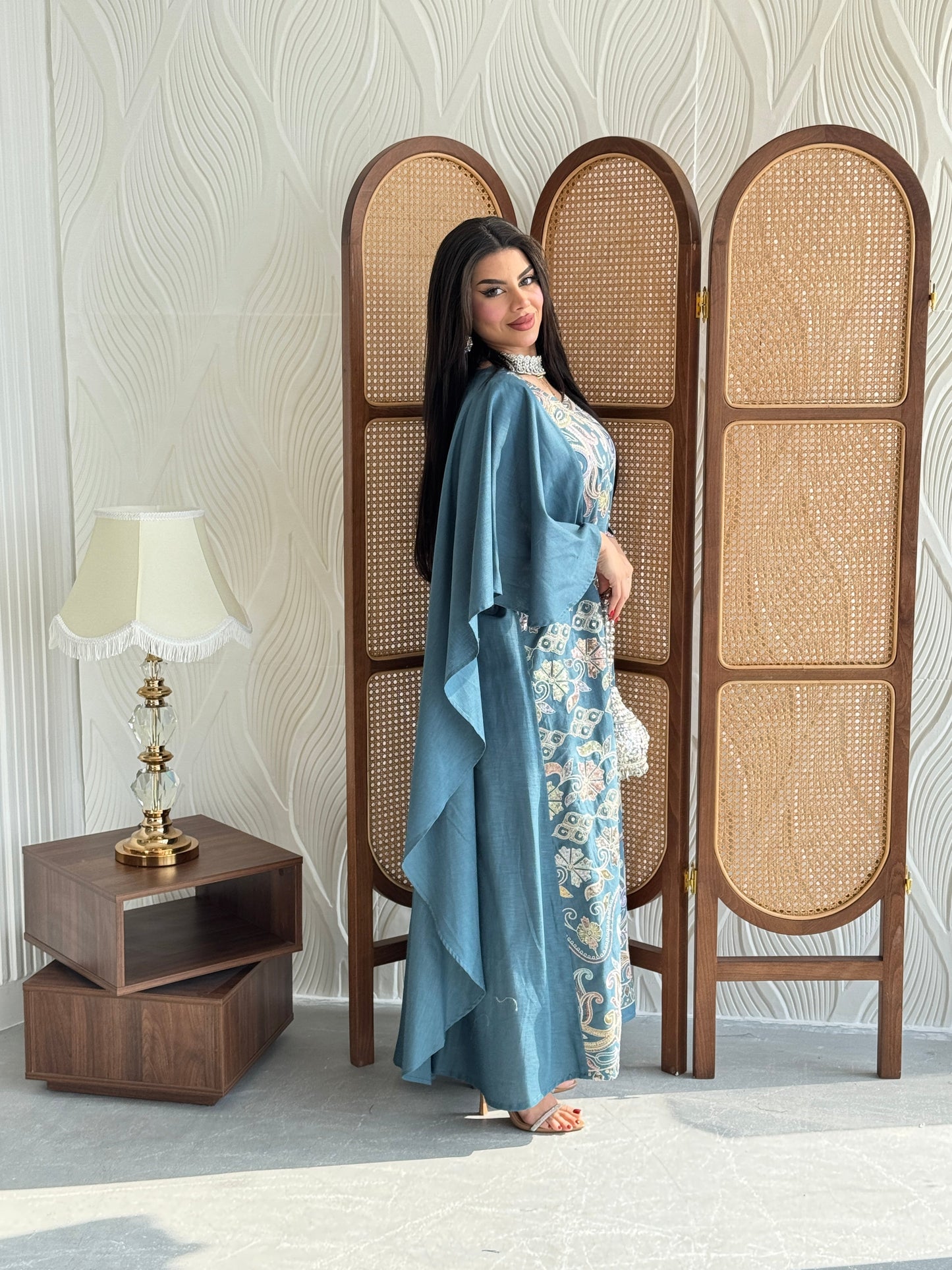 FAB267- Teal Blue Elegant linen jalabiya with multicolor embroidery and a flowing cape cut