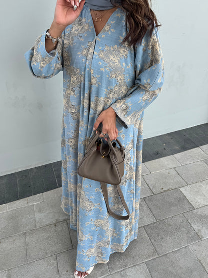 FAB300- Yellow and Blue Lace and Linen Summer A-Cut Abaya