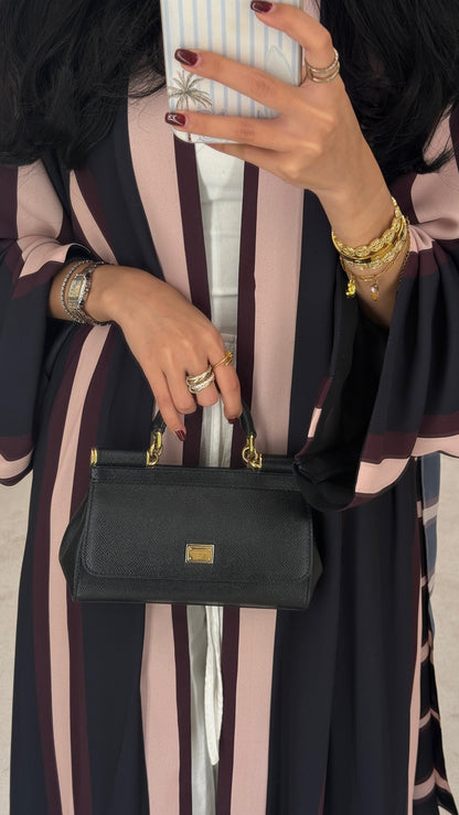 FAB304- Black/Maroon Striped Print Chiffon Silk A-Cut Abaya Set