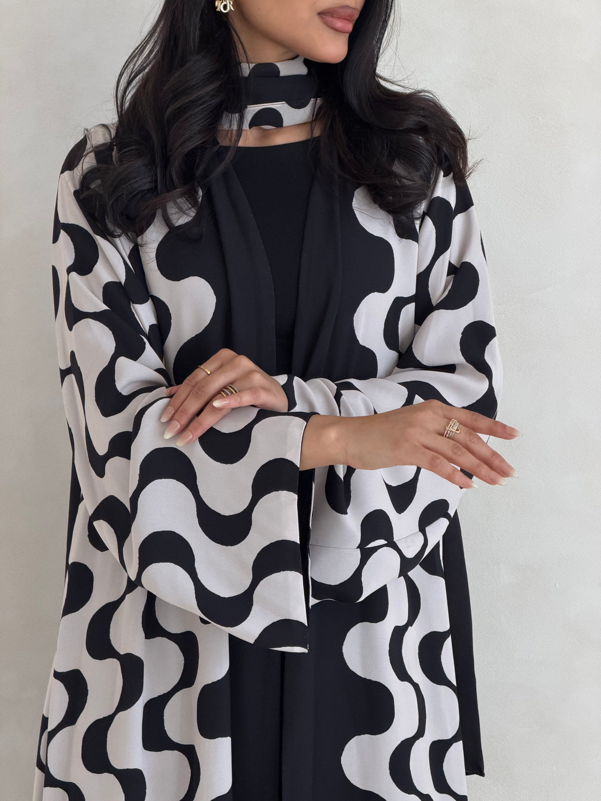 FAB344- White and Black Waves Printed Straight-Cut Abaya and matching headscarf