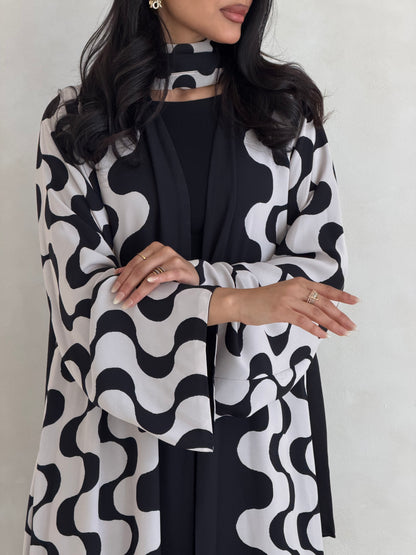 FAB344- White and Black Waves Printed Straight-Cut Abaya and matching headscarf