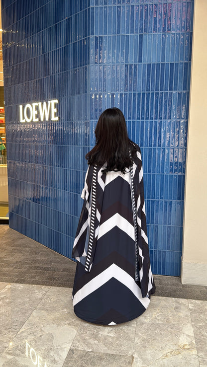 FAB303- Blue & Black Print Chiffon Silk A-Cut Abaya Set