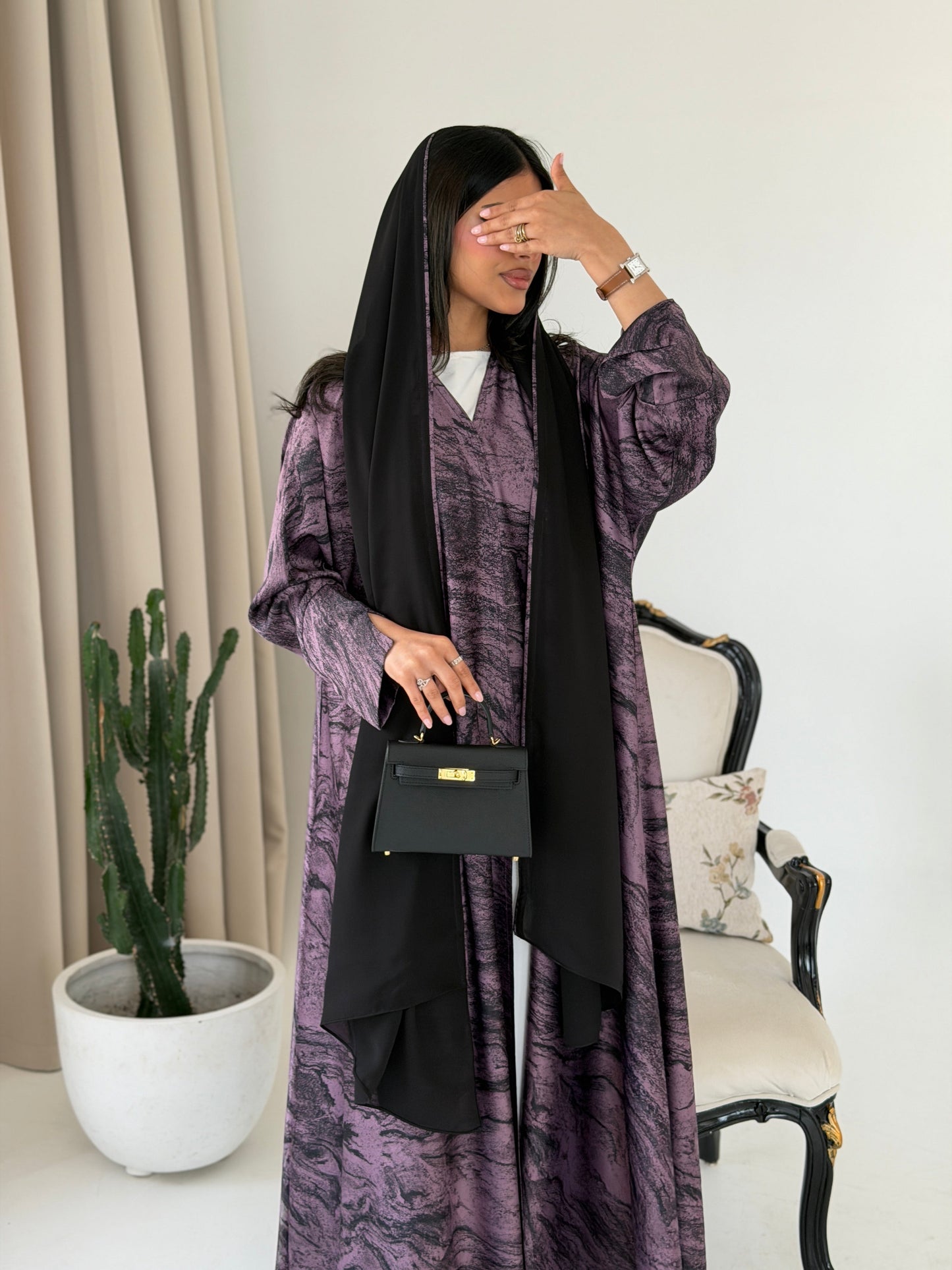 FAB287- Purple Marble Print - Crepe A-Cut Abaya with pipping headscarf