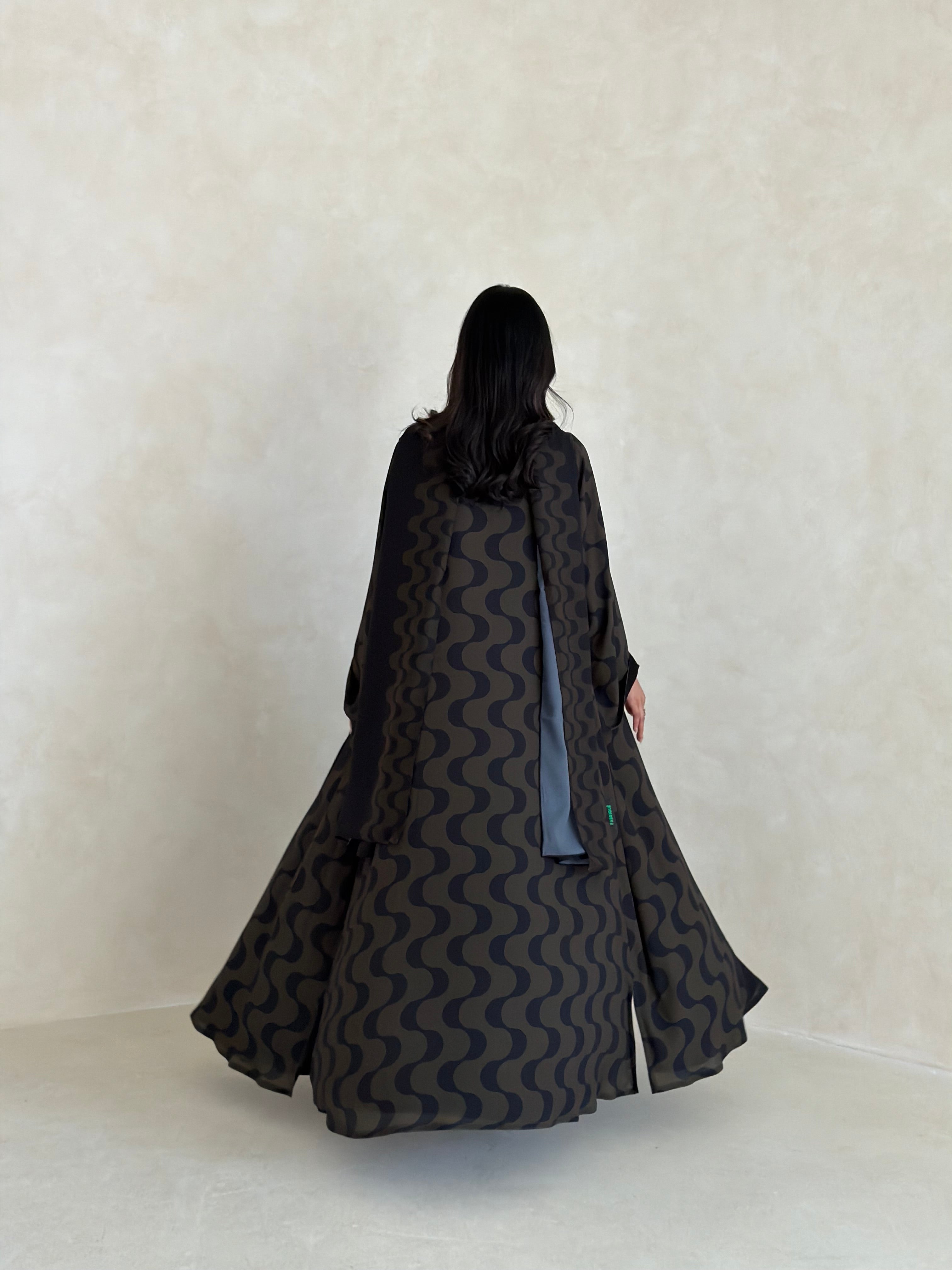 FAB343- Dark Olive and Black Waves Printed Straight-Cut Abaya and matching headscarf