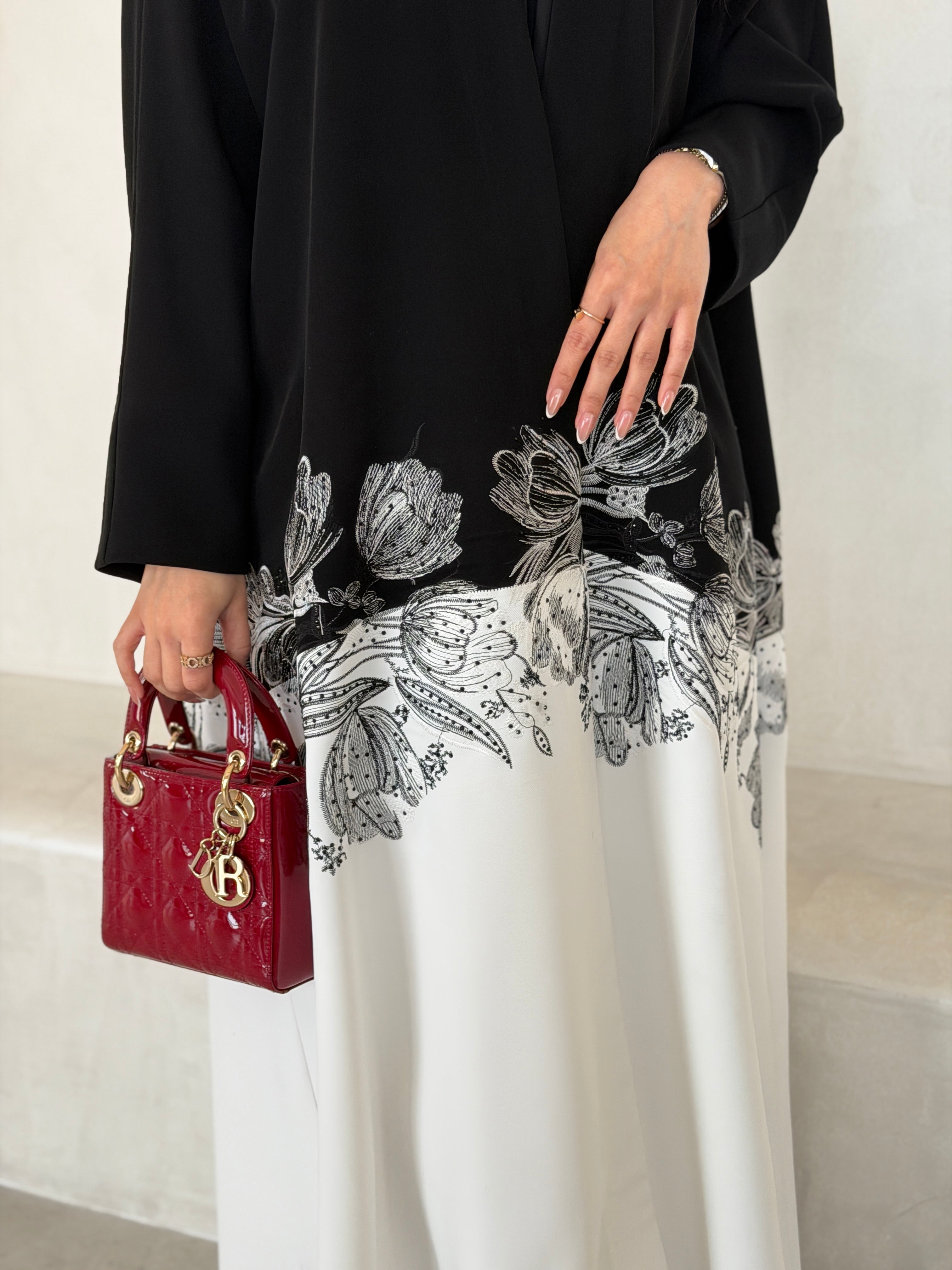 FAB292- Black & White Crepe Crystal Embroidered Abaya