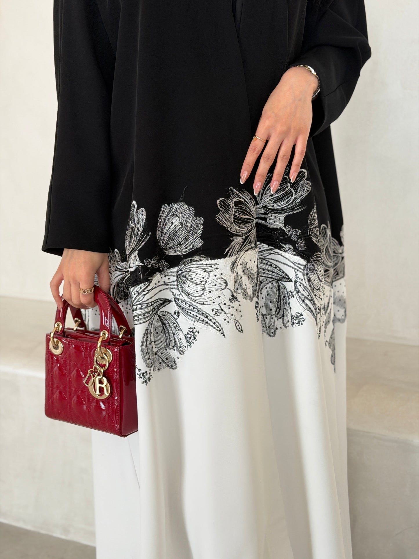 FAB292- Black & White Crepe Crystal Embroidered Abaya