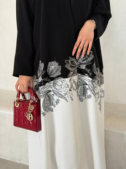 FAB292- Black & White Crepe Crystal Embroidered Abaya
