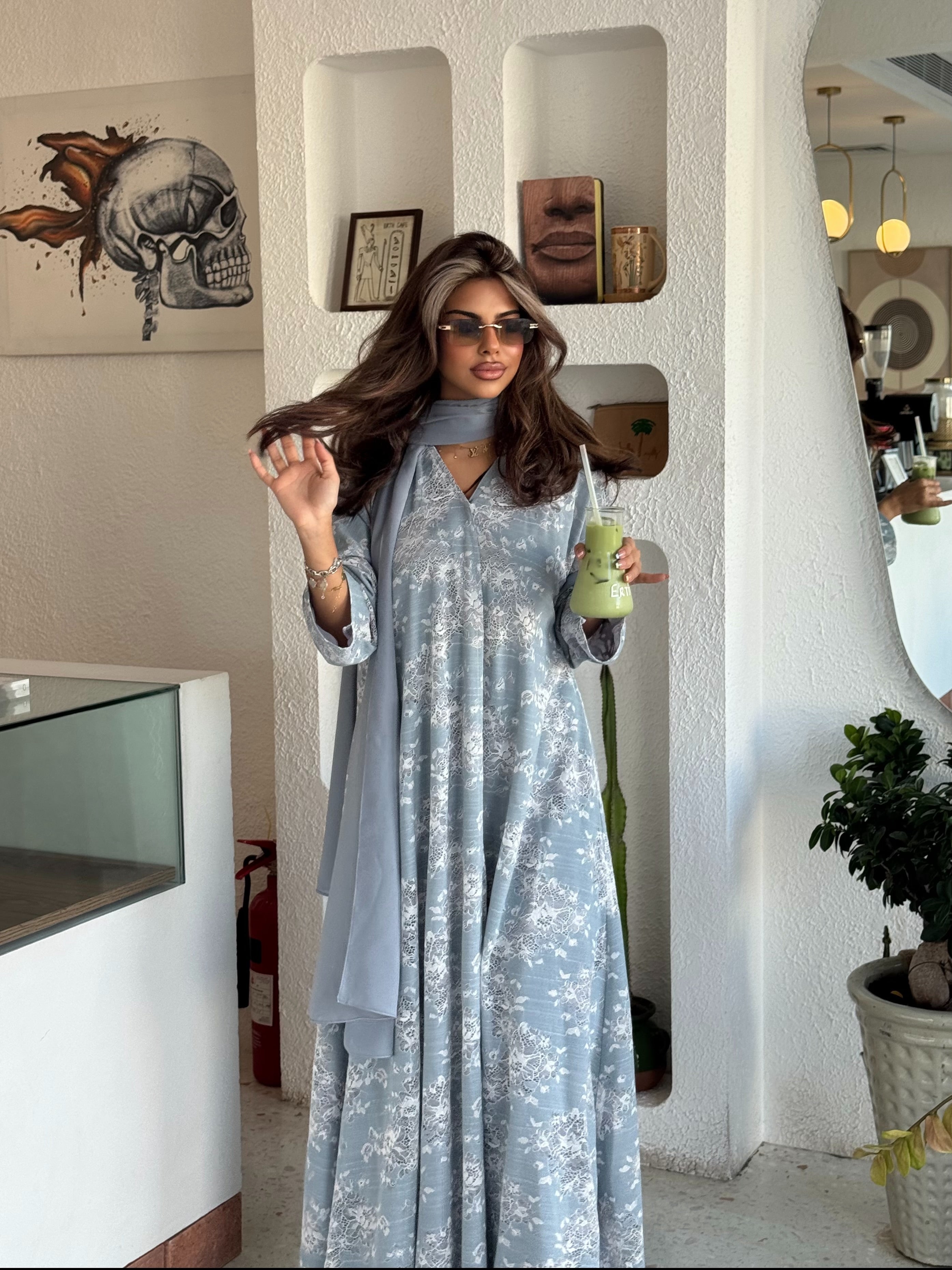 FAB301- White and Blue Lace and Linen Summer A-Cut Abaya