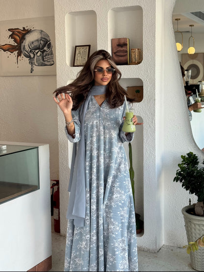 FAB301- White and Blue Lace and Linen Summer A-Cut Abaya