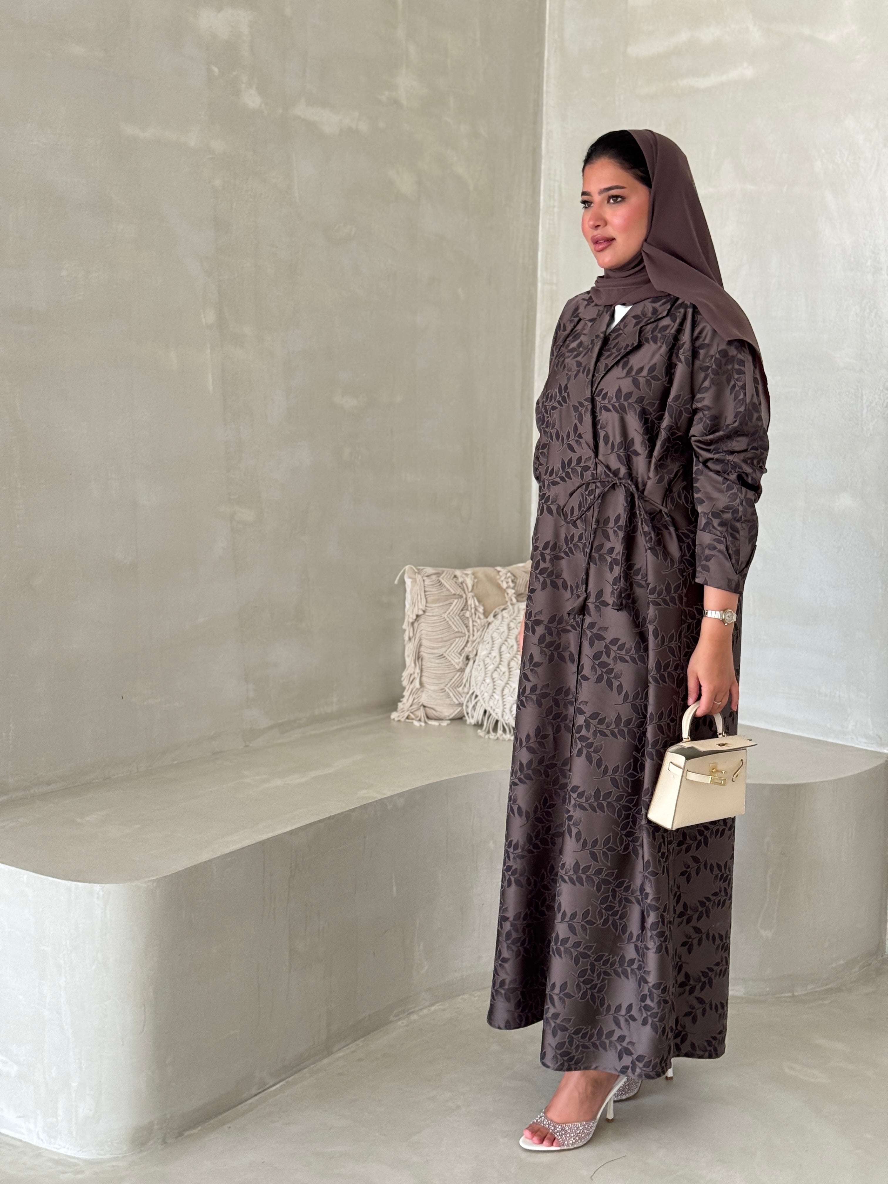 FAB197- Brown Collar Blazer Cut Abaya with headscarf