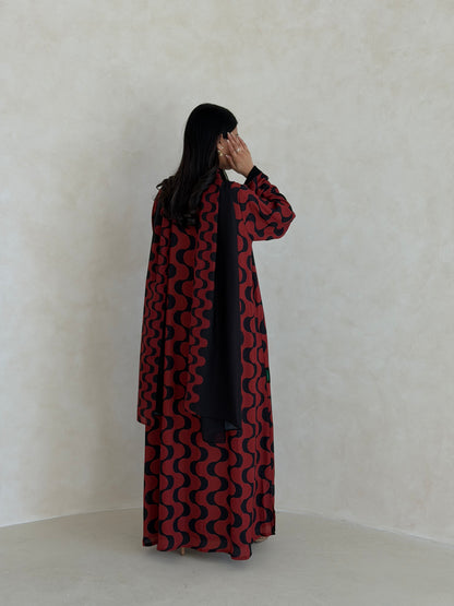 FAB345- Orange Red and Black Waves Printed Straight-Cut Abaya and matching headscarf
