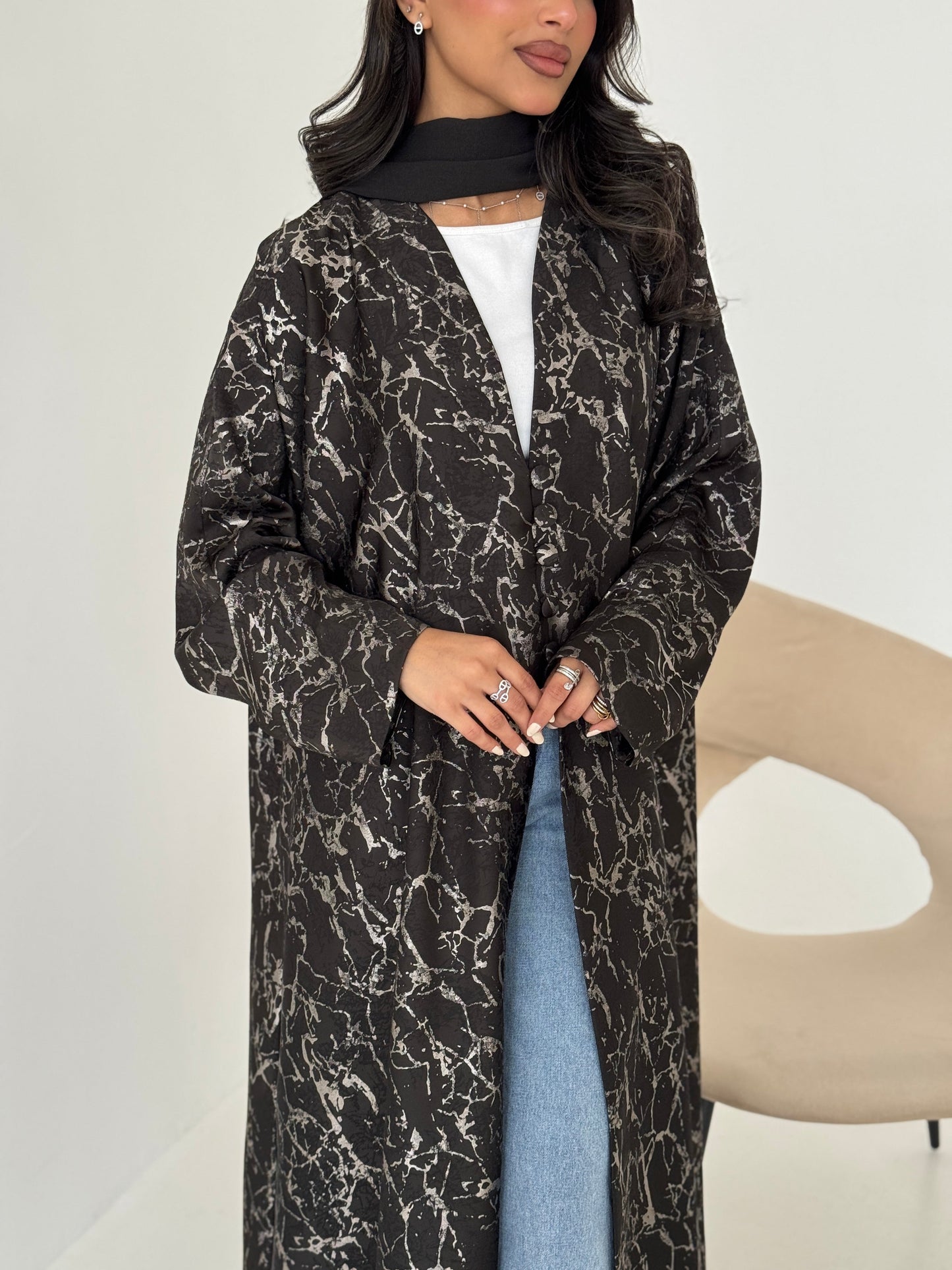 FAB208-Elegant Olive Grey Metallic Crepe Silk A-Cut Abaya with headscarf