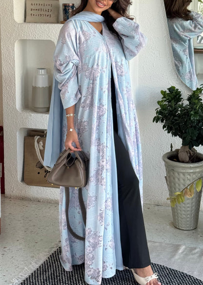 FAB299- Pink and Blue Lace and Linen Summer A-Cut Abaya