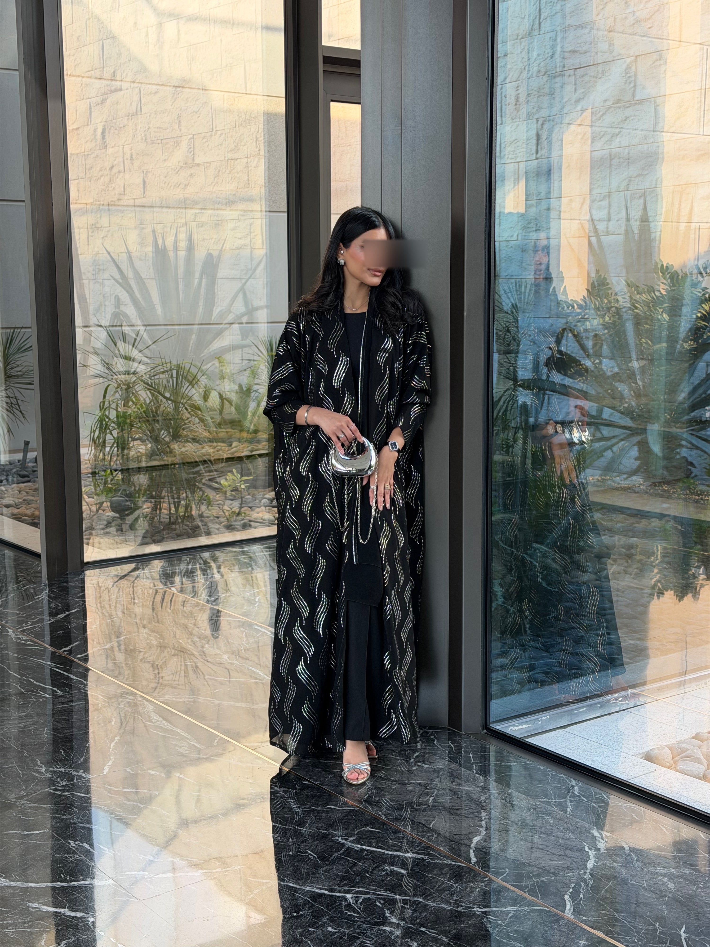 FAB339 – Elegant Black Chiffon Abaya with Silver Naqda Embroidery, Half-Bisht Cut & Matching Headscarf
